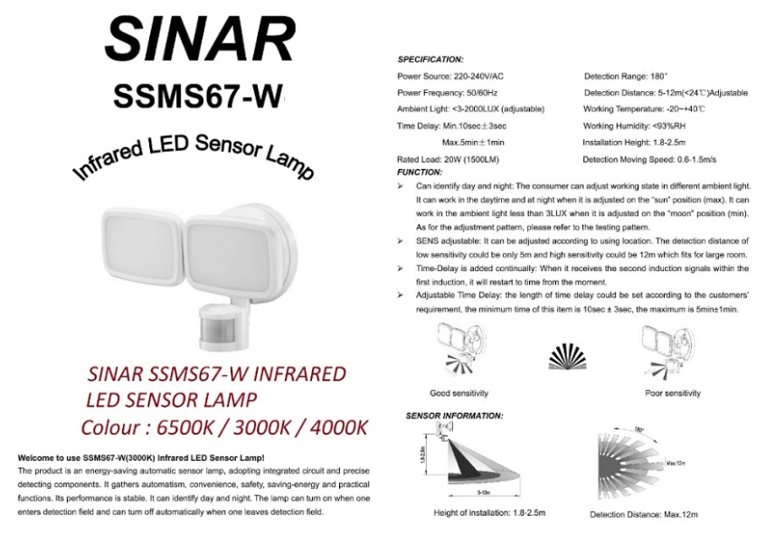 Sinar Ssms67 W 220 240vac Infrared Led Sensor Twin Lamp Sinar Motion Sensor Kuala Lumpur Kl 8246