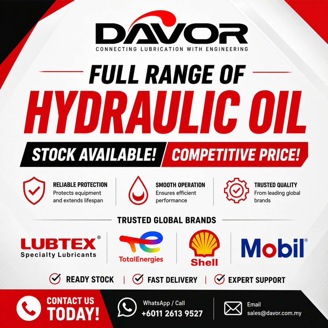 DAVOR Malaysia hydraulic oil supplier promotional banner showing full range of hydraulic oils from LUBTEX, TotalEnergies, Shell and Mobil. Ready stock with competitive prices, fast nationwide delivery and expert technical support. Contact +6011 2613 9527 for enquiries.