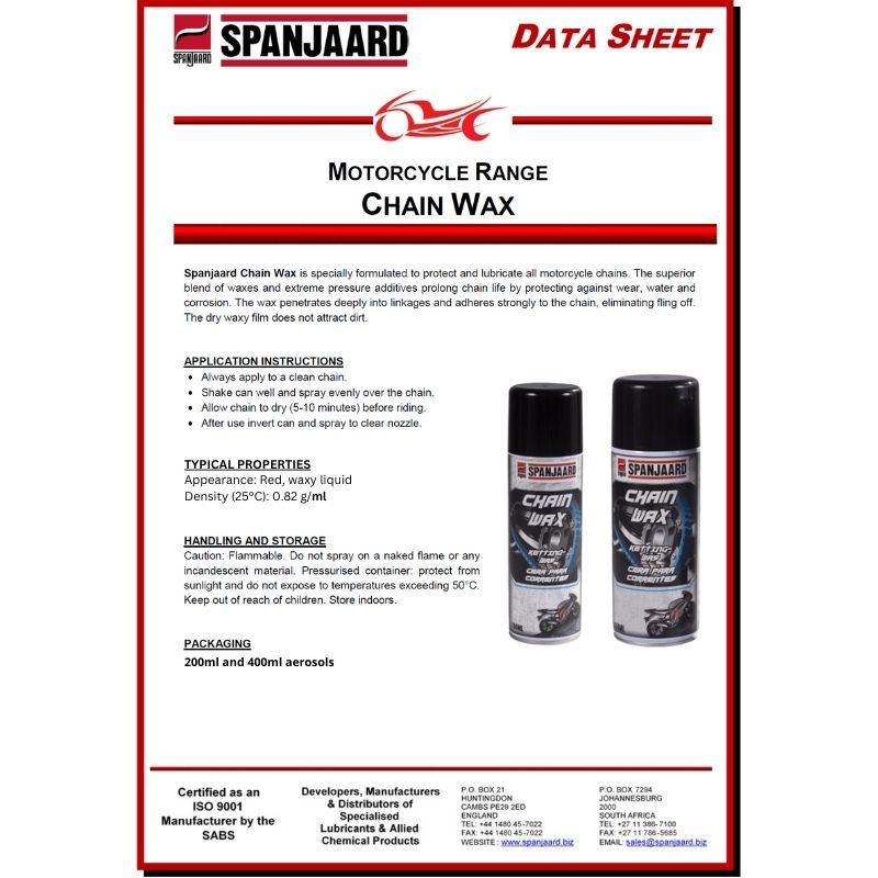 Spanjaard Chain Wax Lube Technical Data Sheet - Motorcycle Chain Lubrication and Specifications