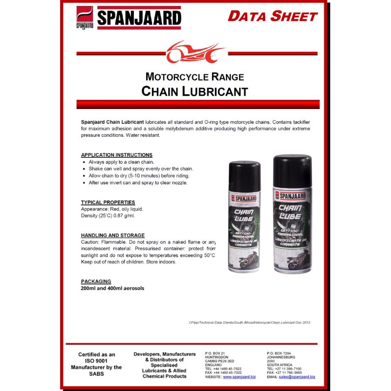 Spanjaard Chain Lube Motorcycle Technical Data Sheet - Lubricant Properties Malaysia