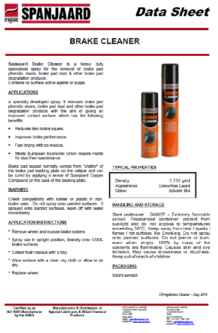 Spanjaard Brake Cleaner Spray Technical Data Sheet - Comprehensive product specifications, density 0.756 g/ml, appearance as colourless liquid, and application instructions for effective brake maintenance.