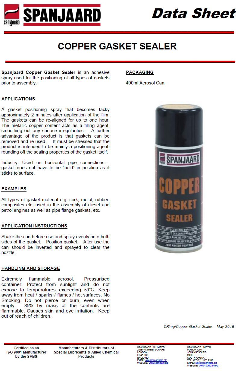 technical data sheet of gasket sealer