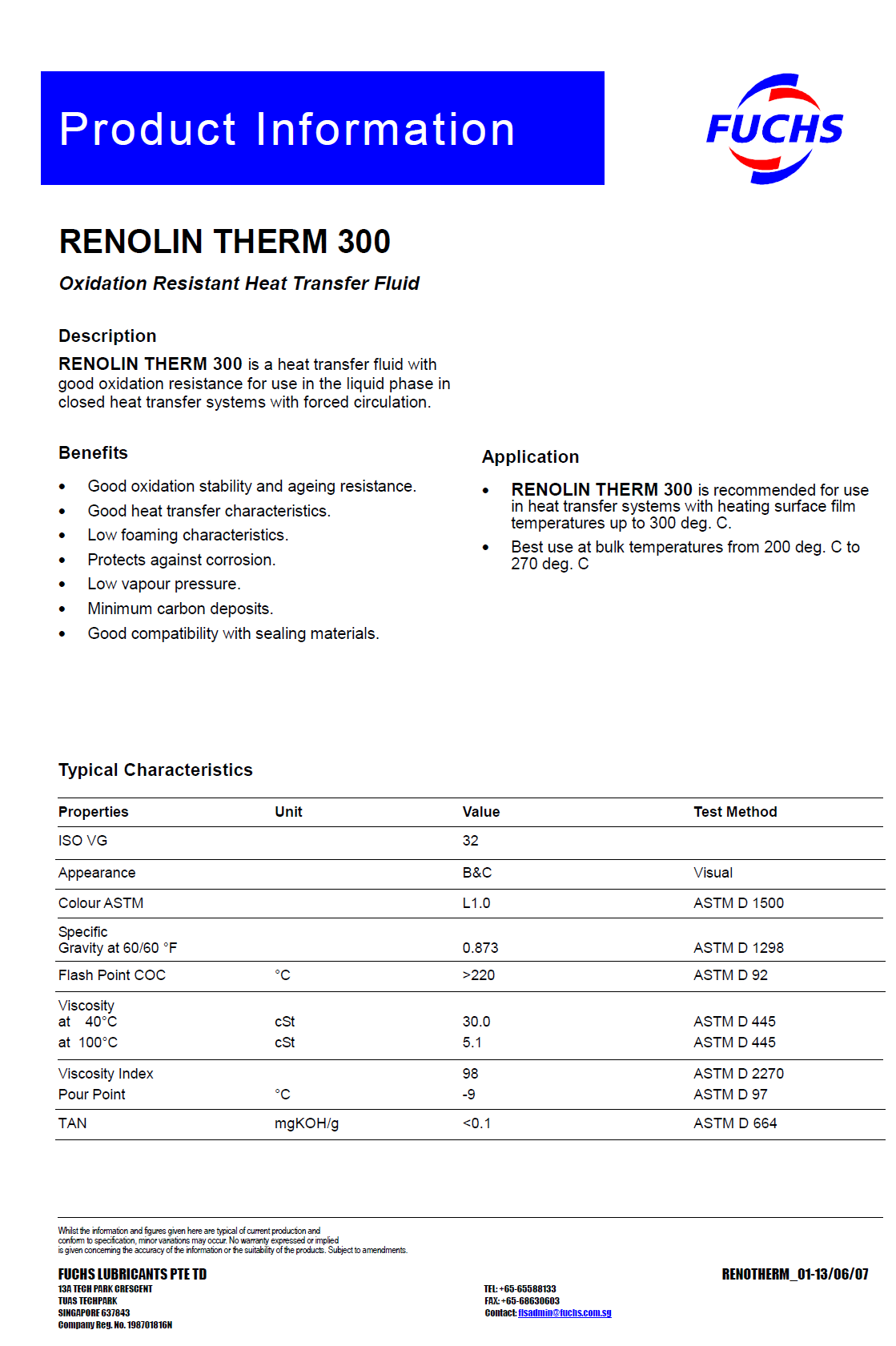 Comprehensive technical data sheet for Fuchs Renolin Therm 300, detailing specifications, performance metrics, and application insights.