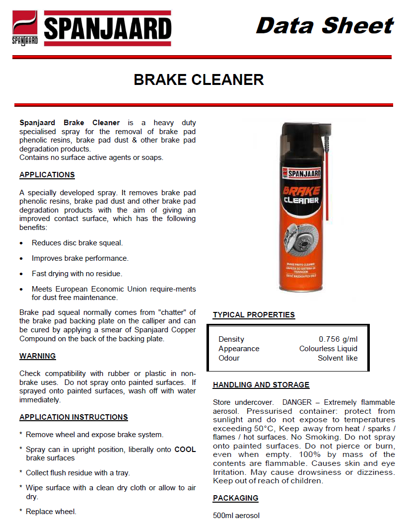 technical data sheet of brake cleaner