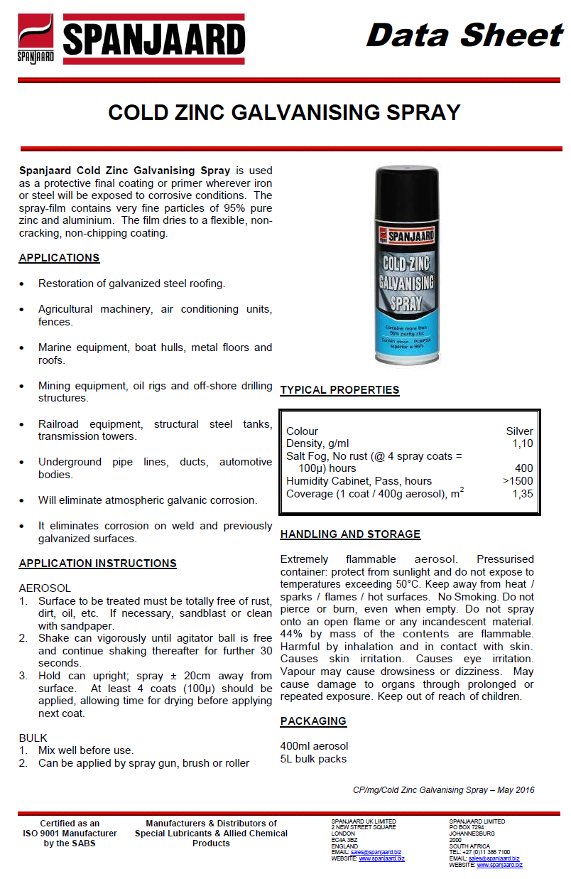 Technical data sheet for Spanjaard Cold Galvanizing Paint & Spray detailing rust protection features and application instructions