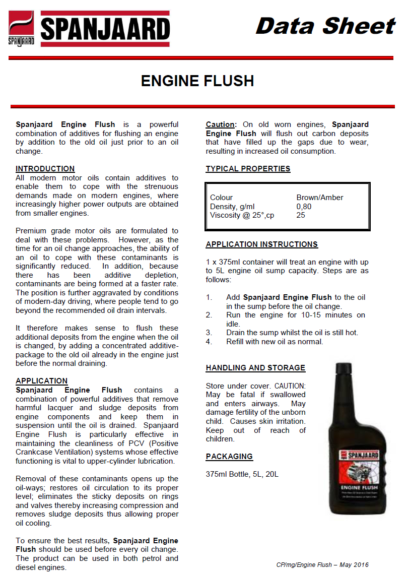 technical data sheet of engine flush