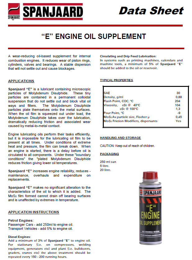 Engine Oil Additive Technical Data Sheet - MOS2 Engine Treatment by Spanjaard