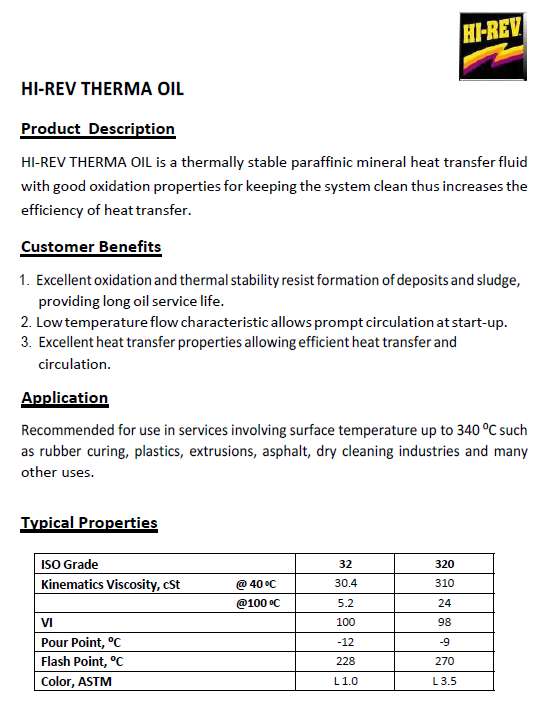 Technical data sheet for Hirev heat transfer oil, focusing on heat transfer oil specifications and details