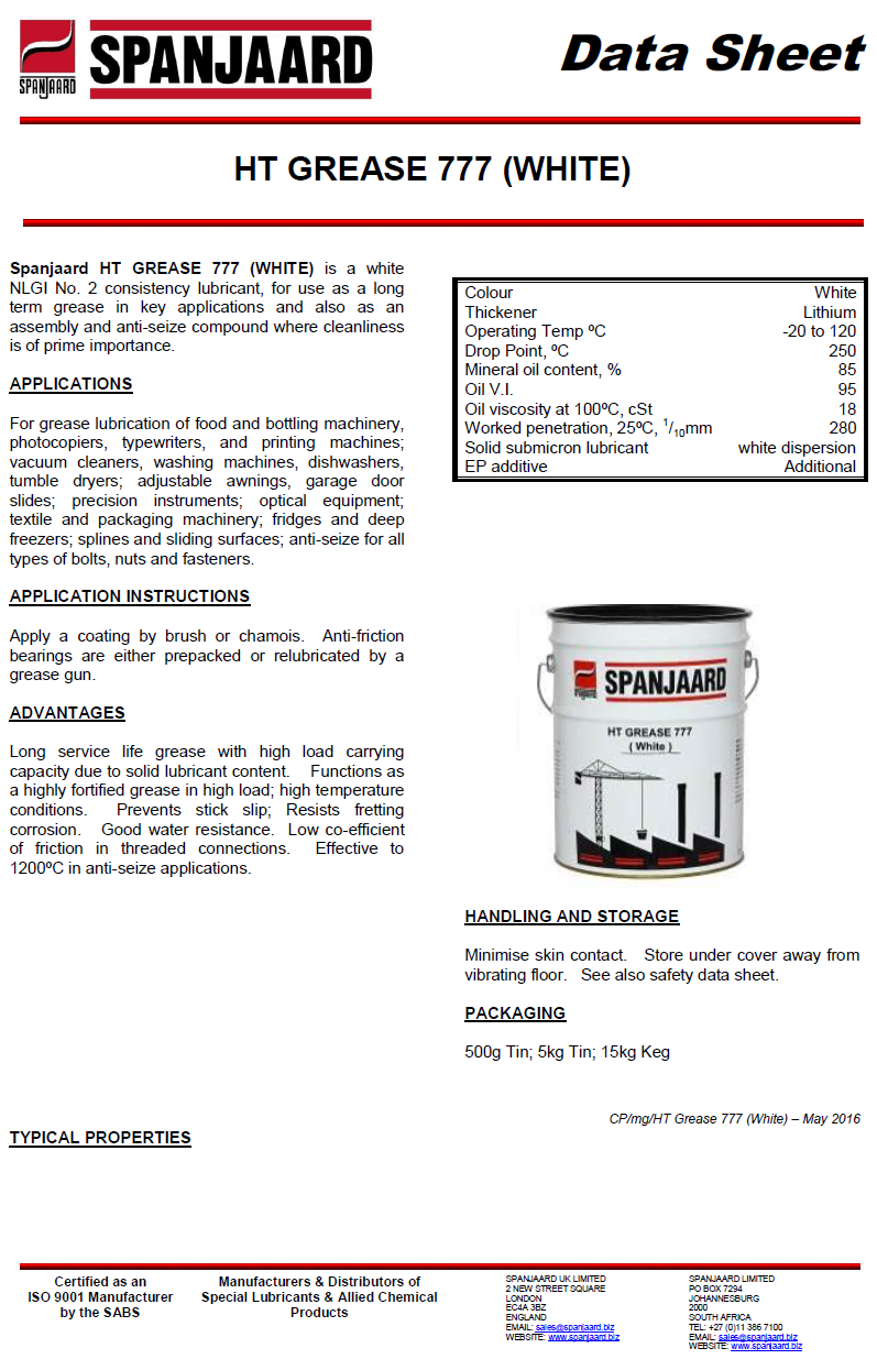 technical data sheet of HT White Lithium Grease 777