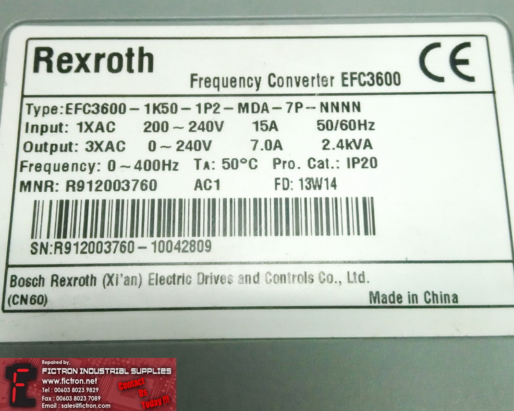 EFC3600-1K50-1P2-MDA-7P-NNNN EFC36001K501P2MDA7PNNNN REXROTH Inverter Drive REPAIR 1-YEAR WARRANTY