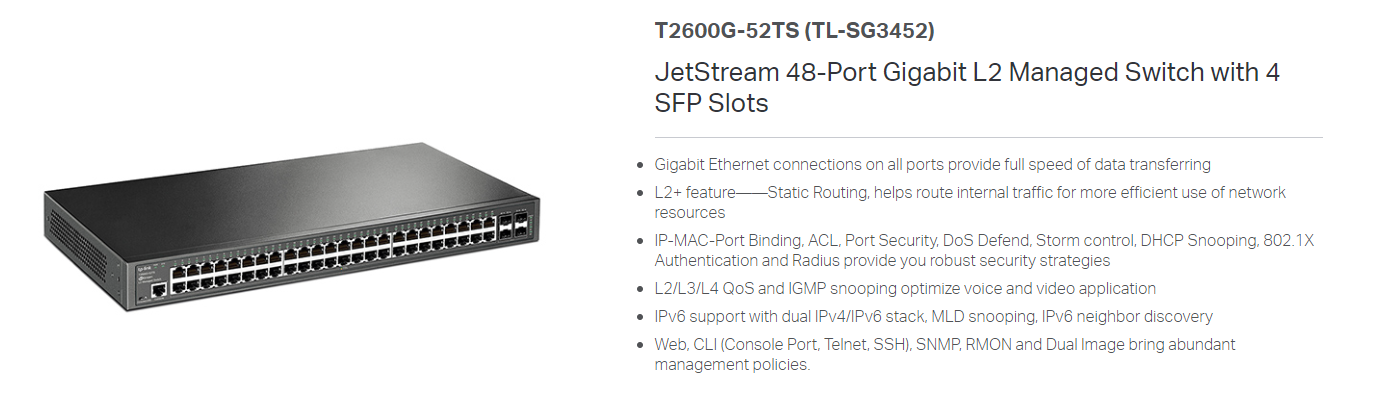 TP-Link T2600G-52TS (TL-SG3452) JetStream 48-Port Gigabit L2 Managed Switch  with 4 SFP Slots TP-Link Managed Type Enterprise Network Switches Selangor,  Malaysia, Kuala Lumpur (KL), Petaling Jaya (PJ) Supplier, Suppliers,  Supply, Supplies