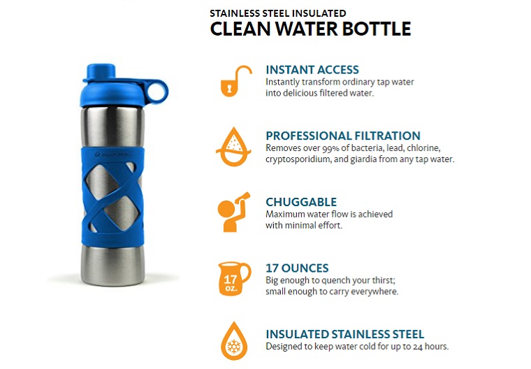 Aquasana Active 17 oz. Clean Water Bottle with Filter, Insulated Stainless Steel, Glacier JJ329085