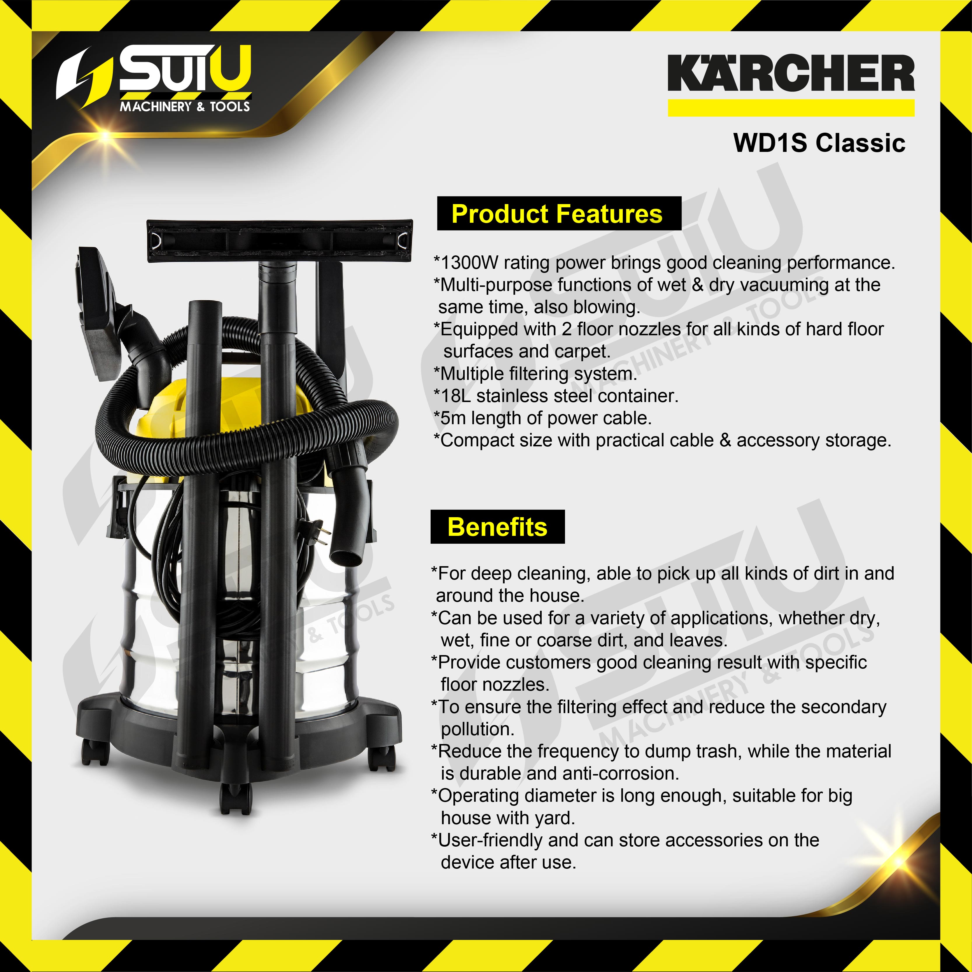 KARCHER WD1S Classic 18L Wet & Dry Vacuum Cleaner 1300W w/ Accessories  Vacuum Cleaner Cleaning Equipment Kuala Lumpur (KL), Malaysia, Selangor,  Setapak Supplier, Suppliers, Supply, Supplies | Sui U Machinery & Tools (