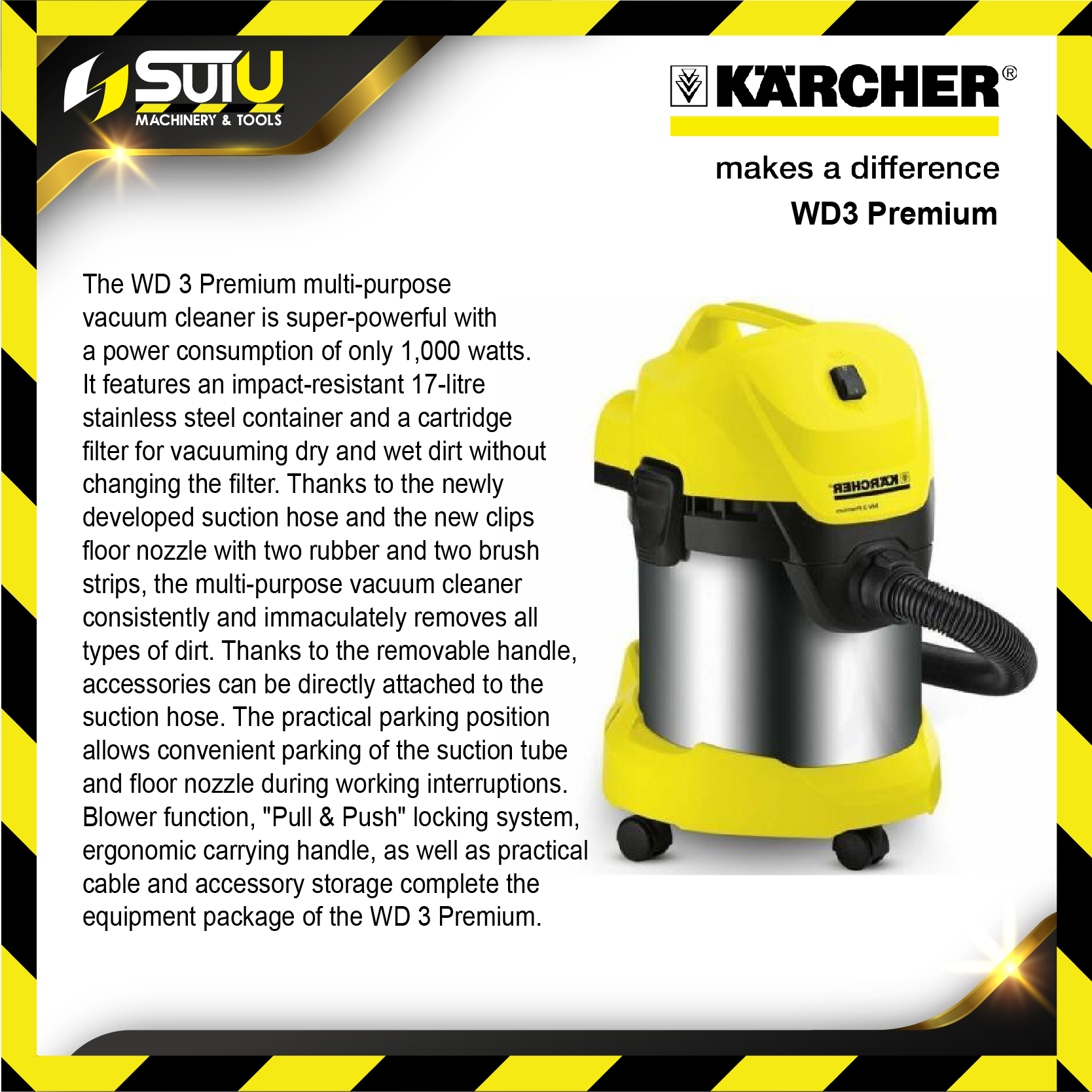 KARCHER WD3 Premium Wet & Dry Vacuum Cleaner 1000W FOC 5 Filter Bag+Screw  Driver+WD40 Vacuum Cleaner Cleaning Equipment Kuala Lumpur (KL), Malaysia,  Selangor, Setapak Supplier, Suppliers, Supply, Supplies | Sui U Machinery