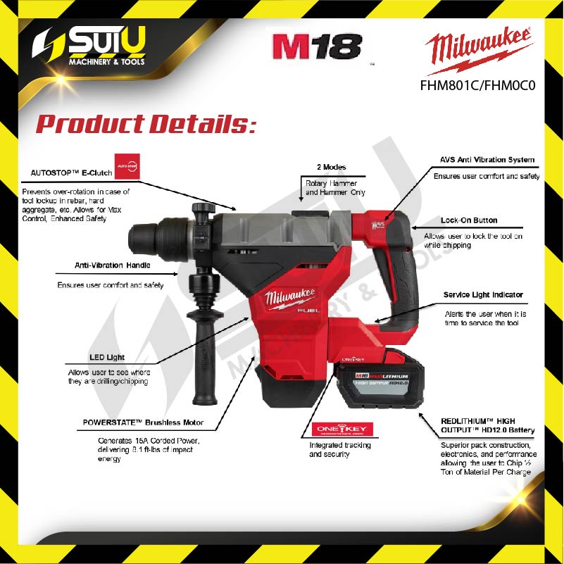 MILWAUKEE M18 FHM-0C0 Asia / FHM-801C FUEL 45mm SDS Max Combination Hammer  w/ 1 x M18 8.0Ah Battery + 1 x Charger + 1 x Contractor Bag Multi Tool  Power Tool Kuala