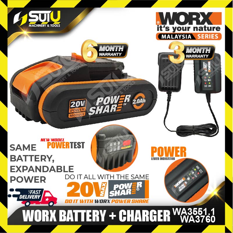 WORX WA3551.1 20V MAX 2.0AH Lithium Battery - With Indicator + WA3760  Charger Battery Charger Battery & Electrical Kuala Lumpur (KL), Malaysia,  Selangor, Setapak Supplier, Suppliers, Supply, Supplies | Sui U Machinery