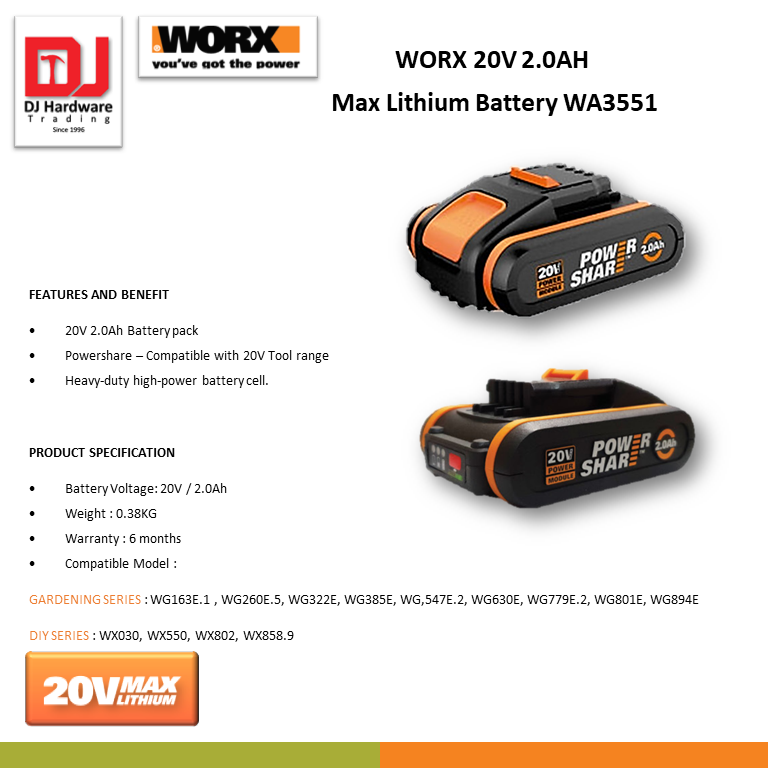 WORX WA3551.1 Battery 20V 2.0Ah Li-ion battery pack