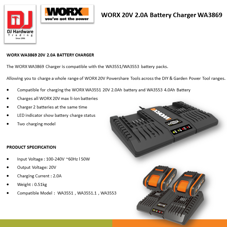 WORX 20V 2.0A BATTERY CHARGER WA3869 POWER SHARE BATTERY AND CHARGER POWER  TOOLS TOOLS & EQUIPMENTS Selangor, Malaysia, Kuala Lumpur (KL), Sungai  Buloh Supplier, Suppliers, Supply, Supplies | DJ Hardware Trading (M)