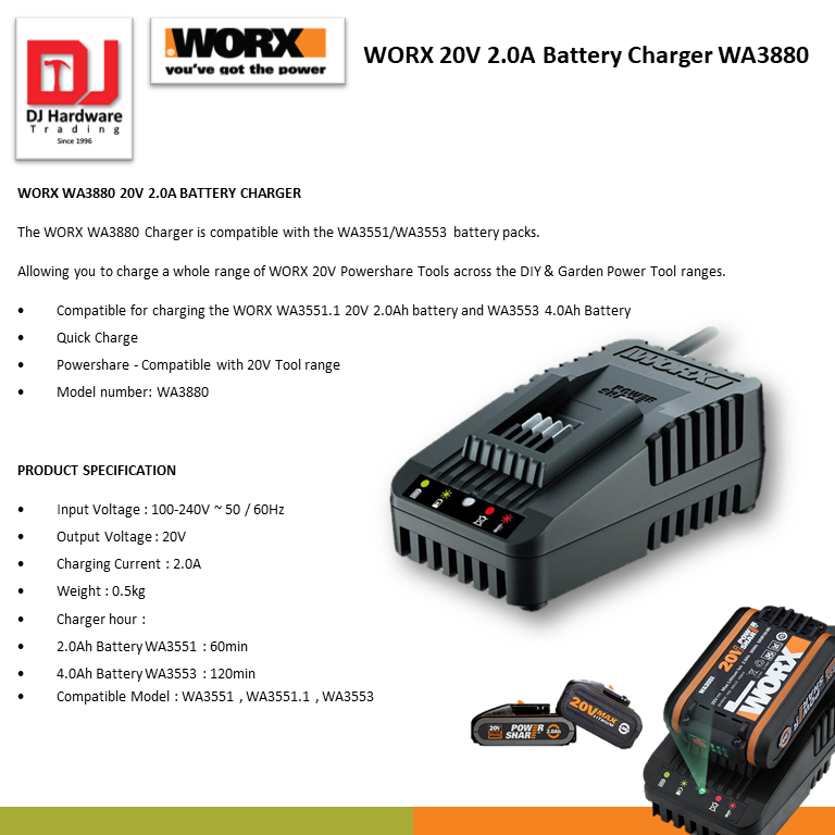 WORX 20V 4.0AH MAX LITHIUM BATTERY WA3553 POWER SHARE BATTERY AND CHARGER  POWER TOOLS TOOLS & EQUIPMENTS Selangor, Malaysia, Kuala Lumpur (KL),  Sungai Buloh Supplier, Suppliers, Supply, Supplies