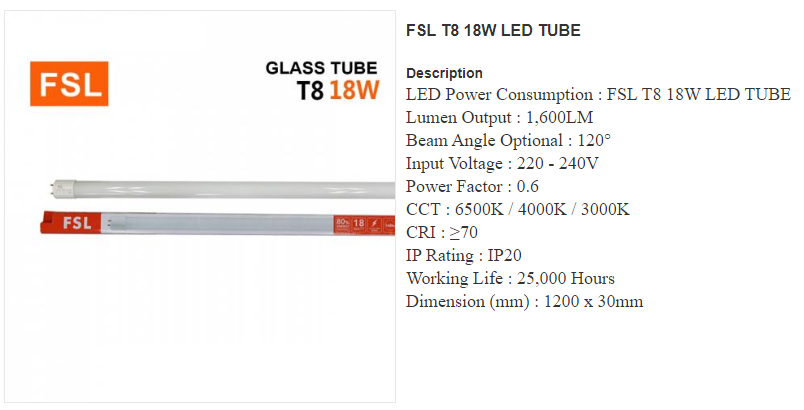 FSL LED TUBE T8 - 18W Selangor, Malaysia, Kuala Lumpur (KL), Seri Kembangan  Supplier, Suppliers, Supply, Supplies | E S L Lighting (M) Sdn Bhd