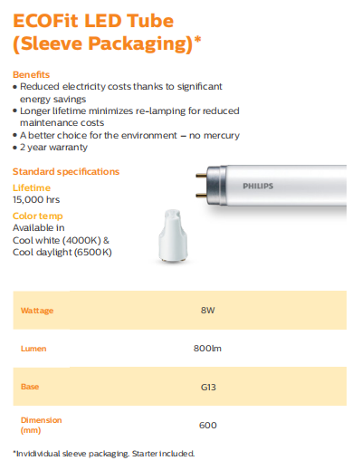 PHILIPS ECOFit LED TUBE (SLEEVE PACKAGING) T8 8W 929001184768 929001184868  600MM 2FT Selangor, Malaysia, Kuala Lumpur (KL), Seri Kembangan Supplier,  Suppliers, Supply, Supplies | E S L Lighting (M) Sdn Bhd