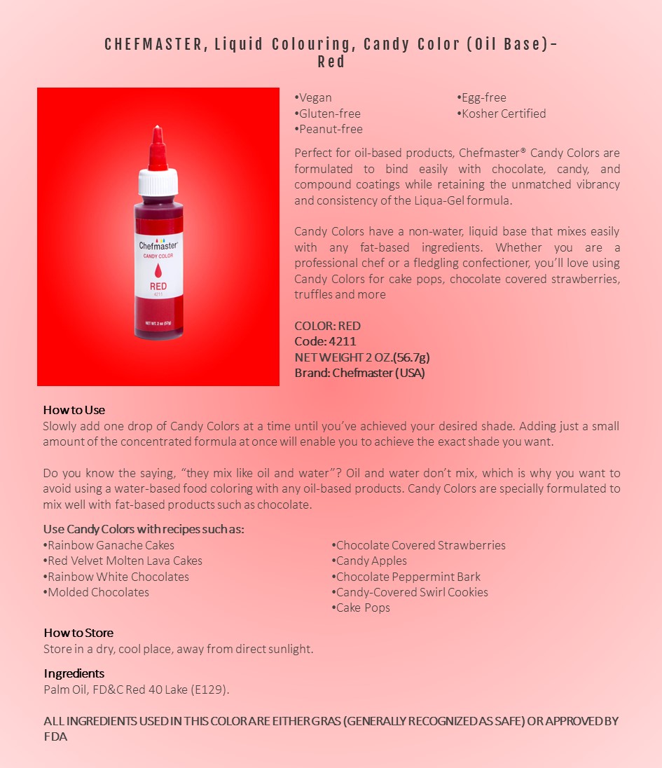 CHEFMASTER, Liquid Colouring, Candy Color (Oil Base), Red, 2 oz Liquid  Candy Colors ( fat based ) Chefmaster Penang, Malaysia, George Town  Supplier, Wholesaler, Supply, Supplies