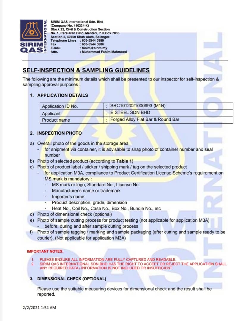 Sirim Test Self Inspection and Sampling Guidelines 