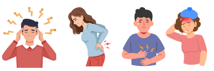 Headache, Back Pain, Abdominal Pain, Fever
