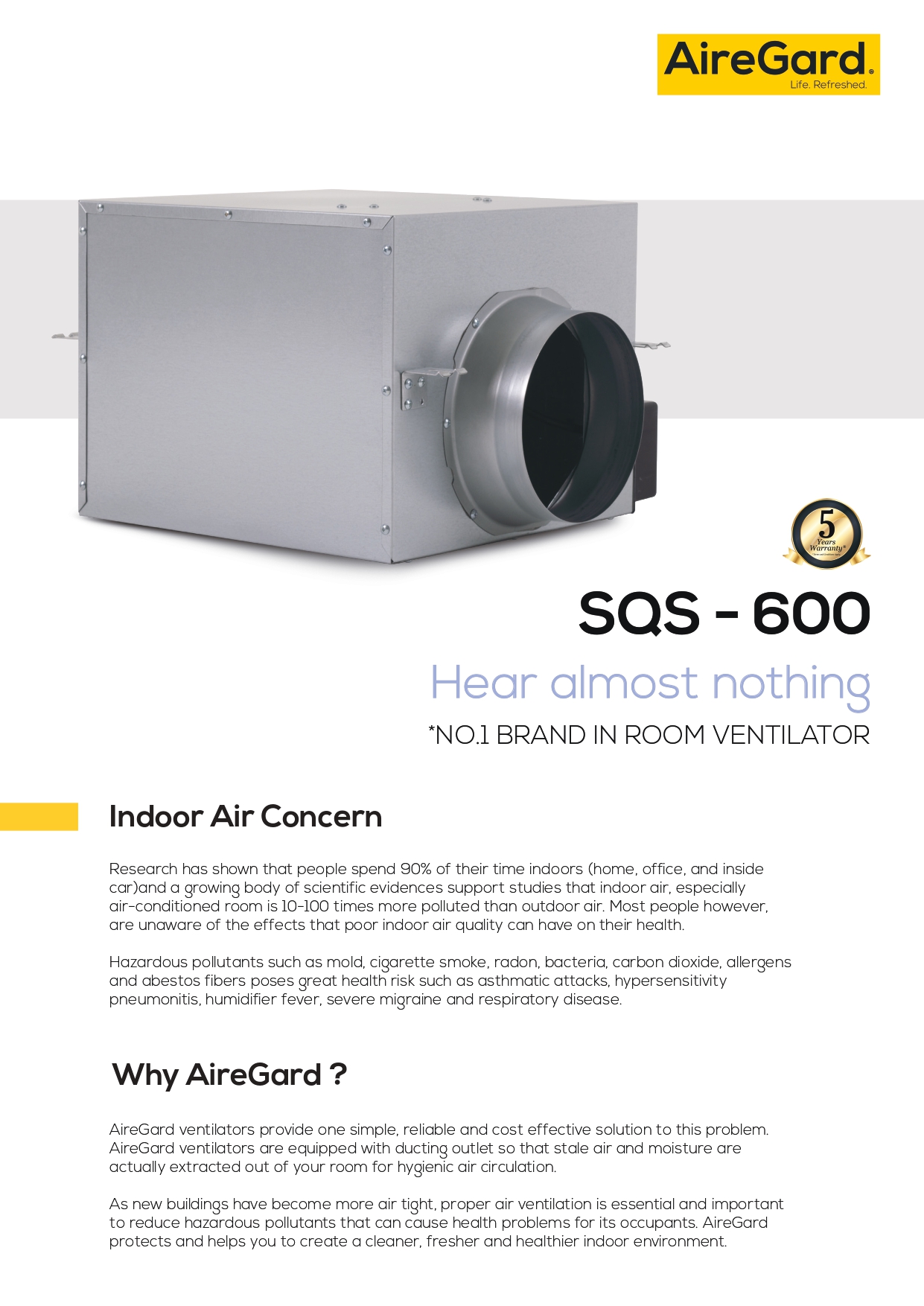 AireGard Ventilator Super Quiet Series (SQS-600)