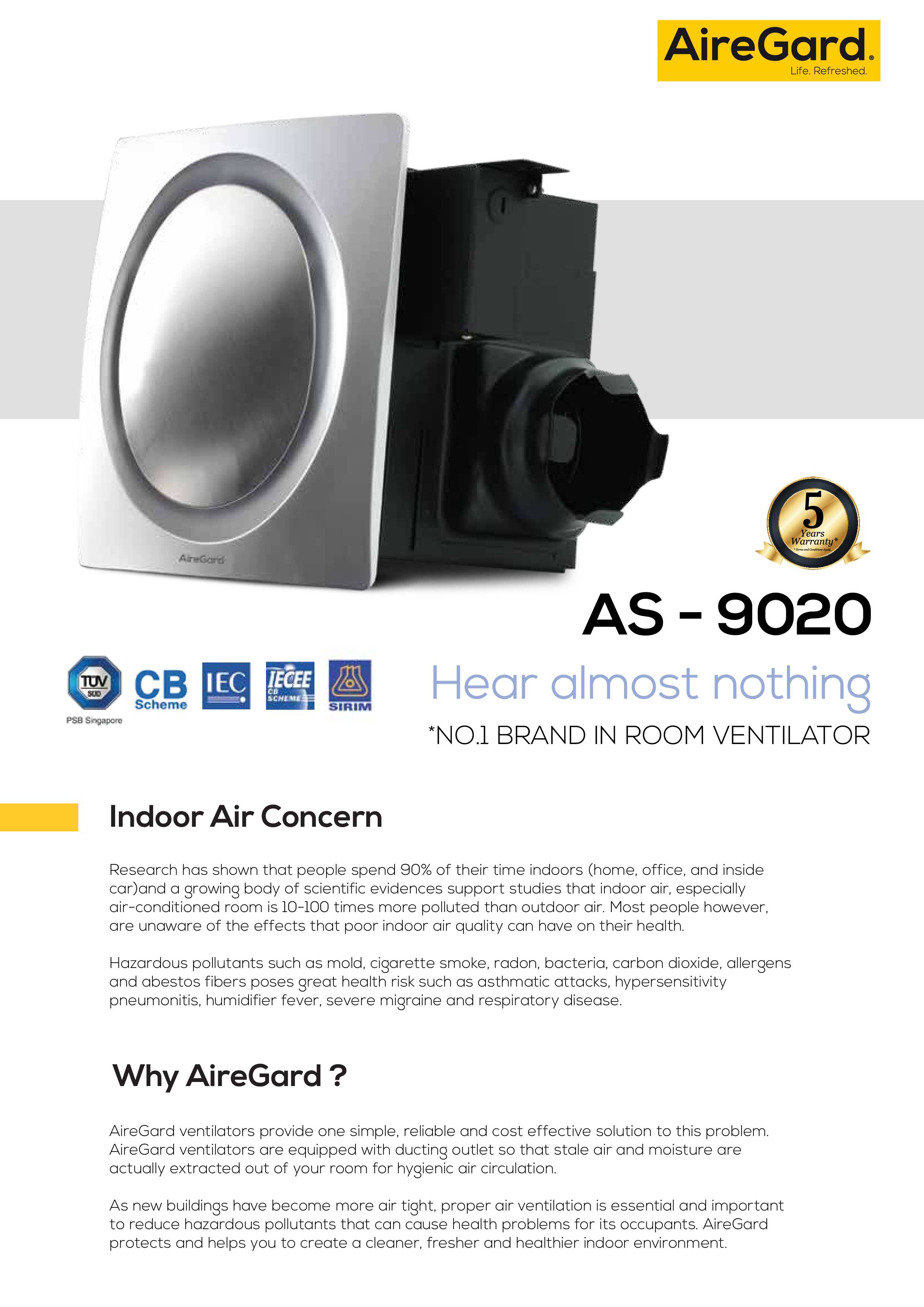 Airegard Silent Ventilators Silver Room AS-9020-D1 