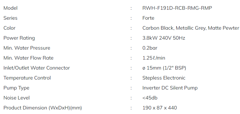 Rubine Water Heater聽Forte DC Pump RWH-F191D-RCB/RMG/RMP