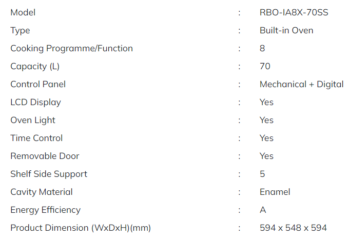 RUBINE Bulit-in Oven 70L RBO-IA8X-70SS