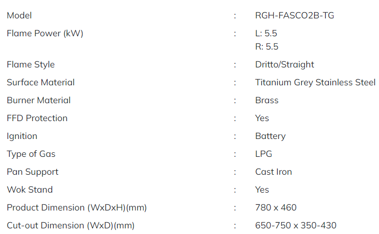 RUBINE Gas Hob 2 Burner Build-In Fasco Series RGH FASCO2B-TG