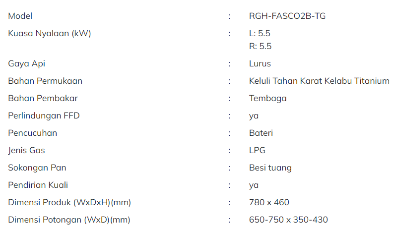 RUBINE Dapur Gas Terbina Dalam 2 Pembakar Siri Fasco RGH FASCO2B-TG