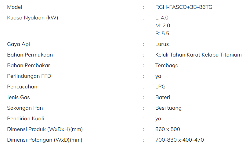 RUBINE Dapur Gas Terbina Dalam 2 Pembakar Siri Fasco RGH FASCO+3B-86TG