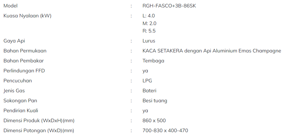 RUBINE Dapur Gas Terbina Dalam 2 Pembakar Siri Fasco Dritto RGH FASCO+3B-86SK