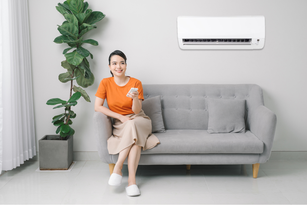 Woman Switching Air-Conditioner Sitting on Couch