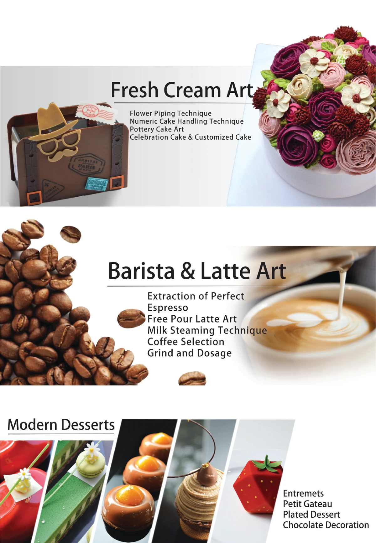 Diploma of Bakery [Fresh Cream Art  (Flower Piping Technique, Numeric Cake Handling, Pottery Cake Art, Celebration Cake & Customized Cake) | Barista & Latte Arts (Extraction of Perfect, Espresso, Free Pour Latte Art, Coffee Selection, Grind and Dosage)  | Modern Desserts (Entremets, Petit Gateau, Plated Dessert , Chocolate Decoration)] 