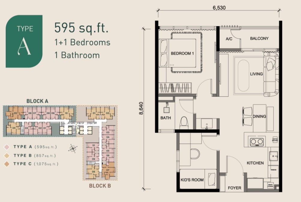 Aliva Mount Austin Type A 595 sqft layout floor plan