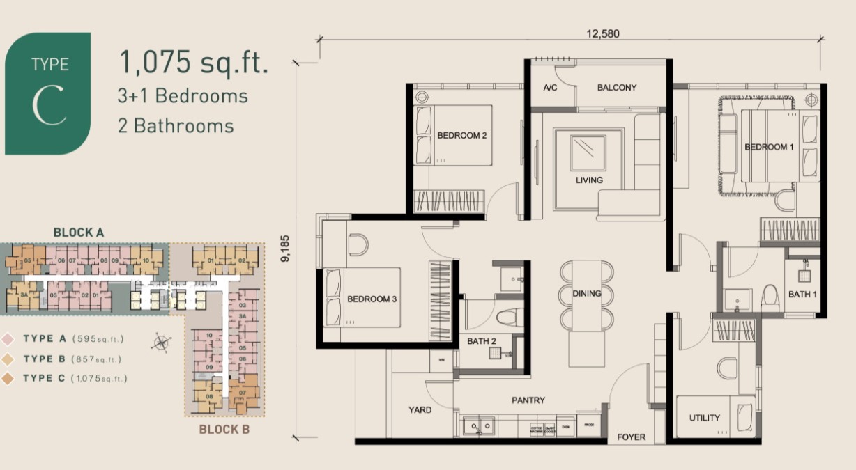 Aliva Mount Austin Type C 1075 sqft layout floor plan