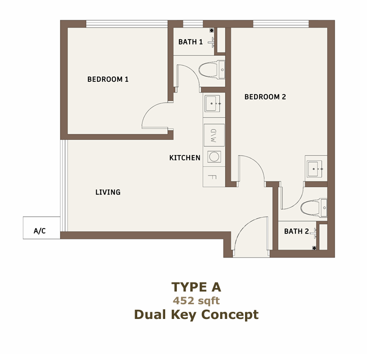 CTC SkyOne Type A 452 sqft dual key floor plan near RTS Bukit Chagar Johor Bahru