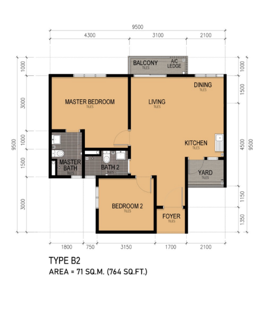 KSL Lakeview Type B2 764 sqft 2 bedrooms 2 bathrooms floor plan Taman Ponderosa Johor Bahru