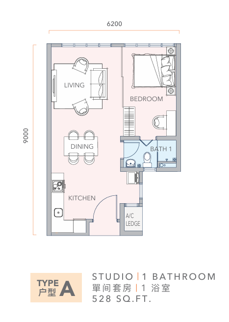 Mandolin Residences Type A studio 528 sqft floor plan Taman Desa Tebrau
