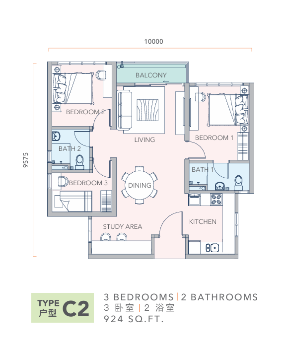 Mandolin Residences Type C2 3 bedroom 924 sqft floor plan Taman Desa Tebrau