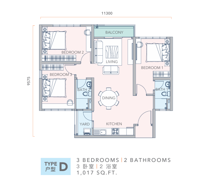 Mandolin Residences Type D 3 bedroom 1017 sqft floor plan Taman Desa Tebrau