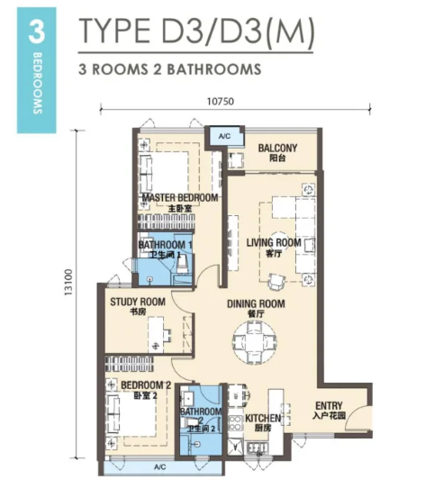 R&F Princess Cove Phase 3 New Casa Suites 3 bedroom floor plan around 1156 to 1275 sqft near CIQ