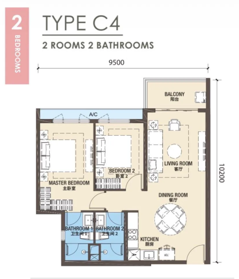 R&F Princess Cove Phase 3 New Casa Suites 2 bedroom floor plan around 820 to 894 sqft