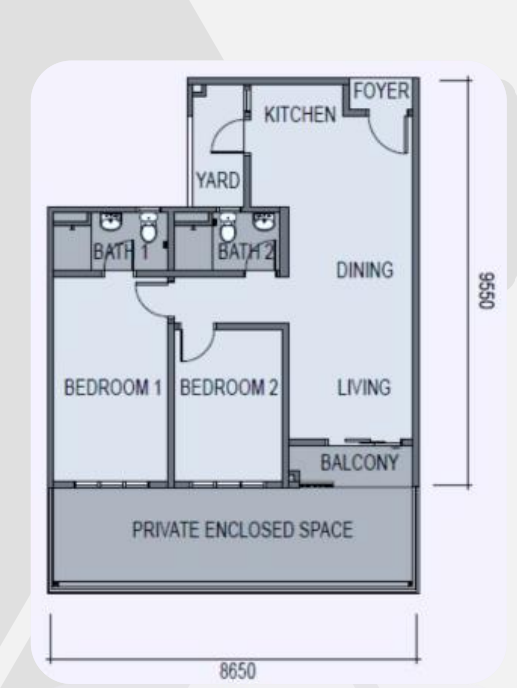 Sky Curve Type B 780 sqft 2 bedroom 2 bathroom floor plan Taman Perling Johor Bahru