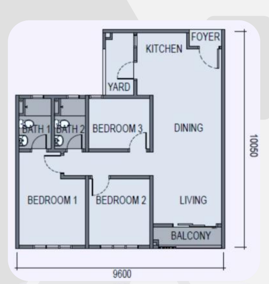 Sky Curve Type C 905 sqft 3 bedroom 2 bathroom floor plan Taman Perling Johor Bahru