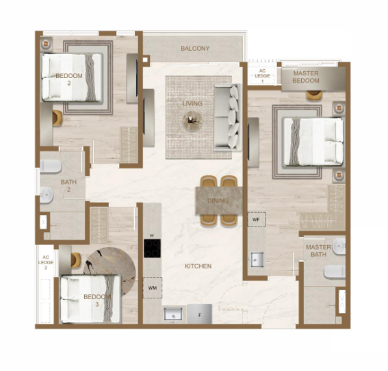 Skyline One Sentosa Tower A Type F 968 sqft 3 bedrooms 2 bathrooms floor plan Johor Bahru